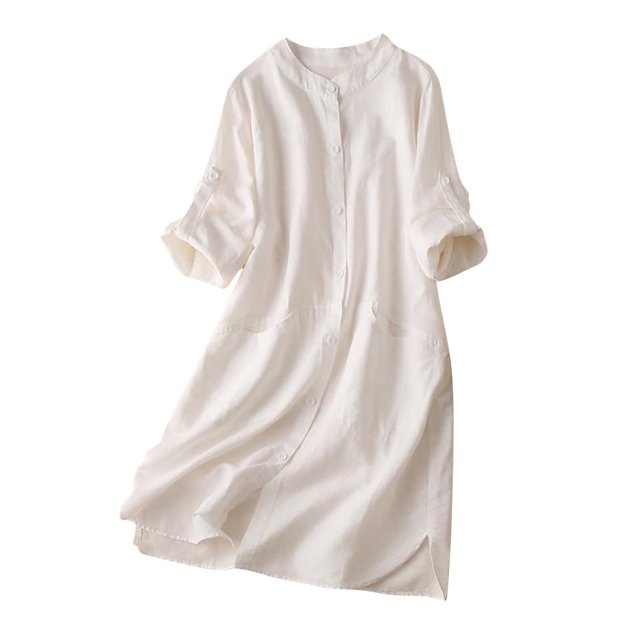 Chemise à Manches Longues Femme Chemise Femme Printemps Vintage Solide Chemise en Coton et Lin à Manches Longues Robe Col Montant Robe à Manches Longues Femme Robe à Manches Longues Femme Chemises à Manches Longues Femme