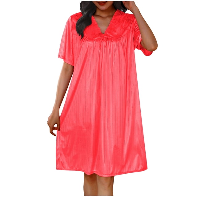 Timegard Robe de Nuit pour Femmes Col en V Manches Courtes Tenue d'Intérieur Décontractée Ample Confortable Robe de Maison Couleur Unie