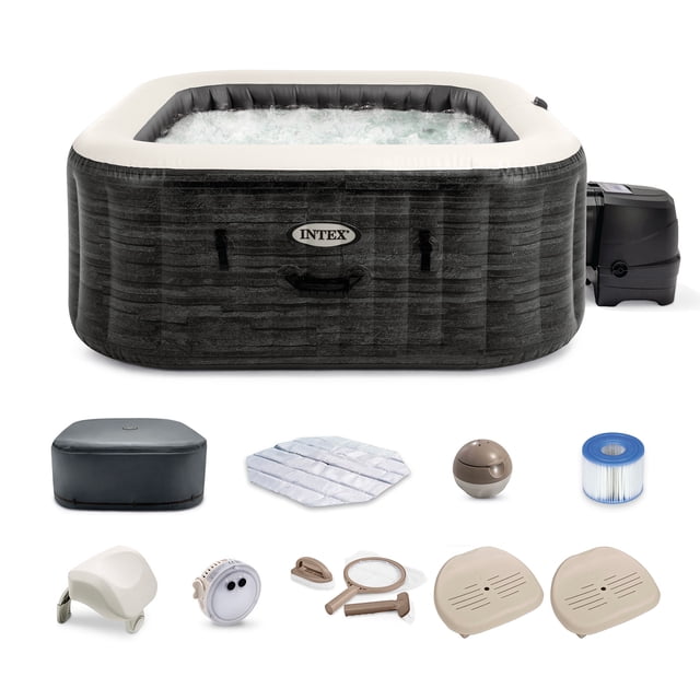Intex PureSpa Spa Gonflable, Trousse d'Entretien et Siège Amovible (Lot de 2) Comprenant un Spa Gonflable Carré et Gris avec un Extérieur en PVC Laminé, Conçu pour jusqu'à 4 Personnes. le Spa Comprend 140 jets à Bulles Haute Puissance, un Panneau de Commande Sans Fil, un Système de Traitement d'Eau Dure et une Lumière DEL à Changement de Couleur. les Accessoires Incluent une Trousse d'Entretien avec une Brosse Courbée, un Écumoire en Maille et un Coussin à Récurer, Ainsi Que Deux Sièges Beiges Antidérapants à Hauteur Réglable. le Spa
