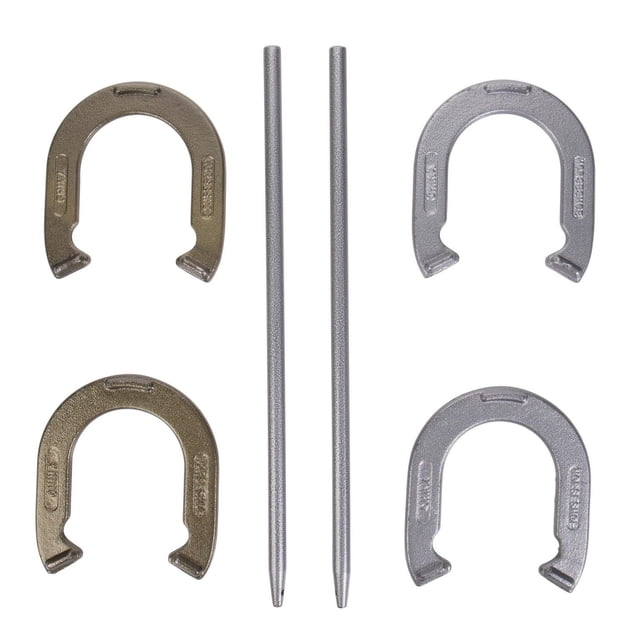 Triumph Outdoor Steel Horseshoes Backyard Game Set featuring four cast horseshoes in powder-coated gold and silver hammer finish and two 20-inch hammer-finished steel stakes, designed for outdoor lawn games and backyard fun.