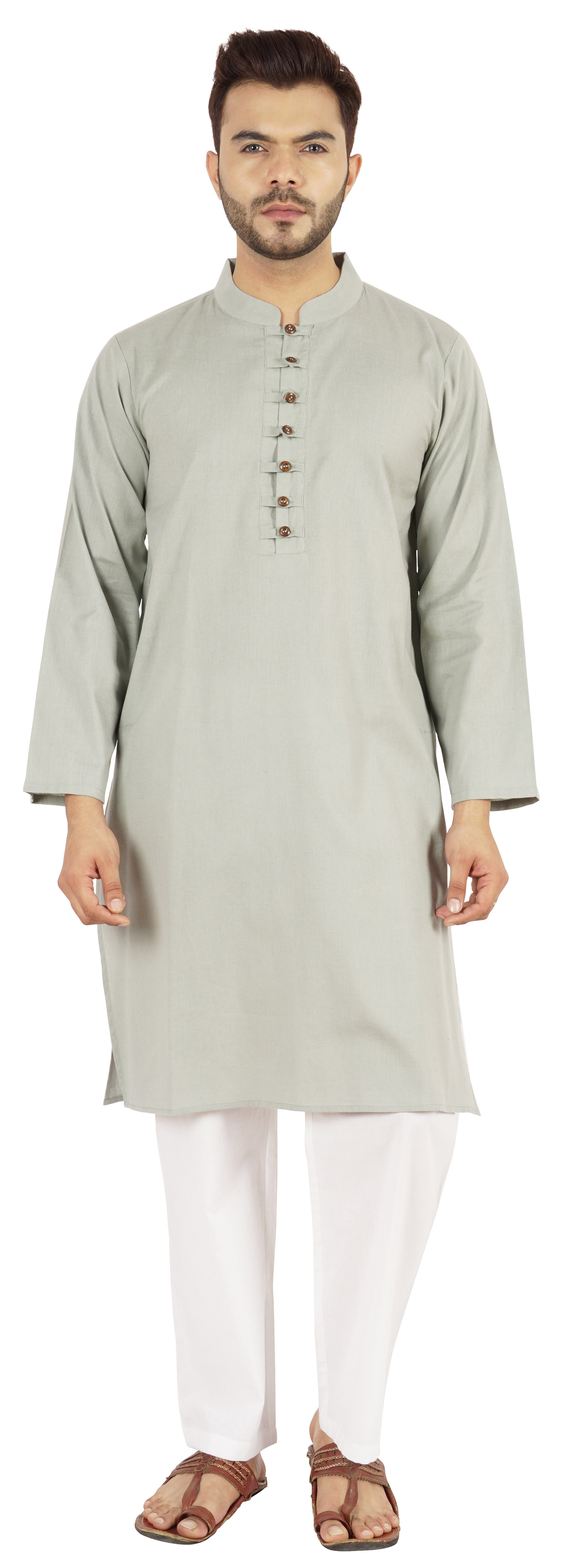 Atasi Indian Mens 2 Piece Kurta Pajama Set Henley NeckCasual Long Kurta