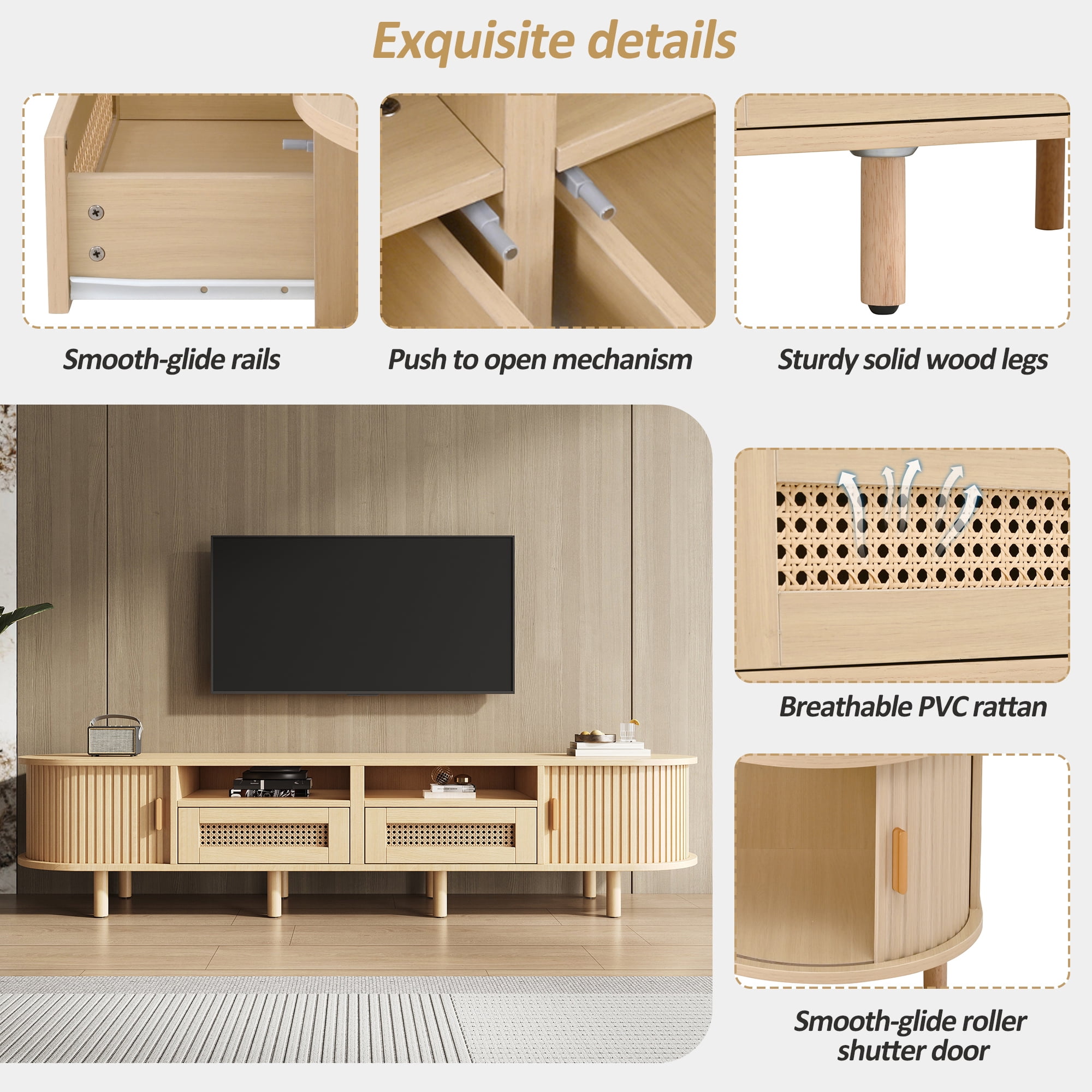 Homy Casa TV Stand for TVs up to 65", 64.9" Modern Media Console with 2 Drawers, 2 Cabinets & Open Shelves, Natural Oak