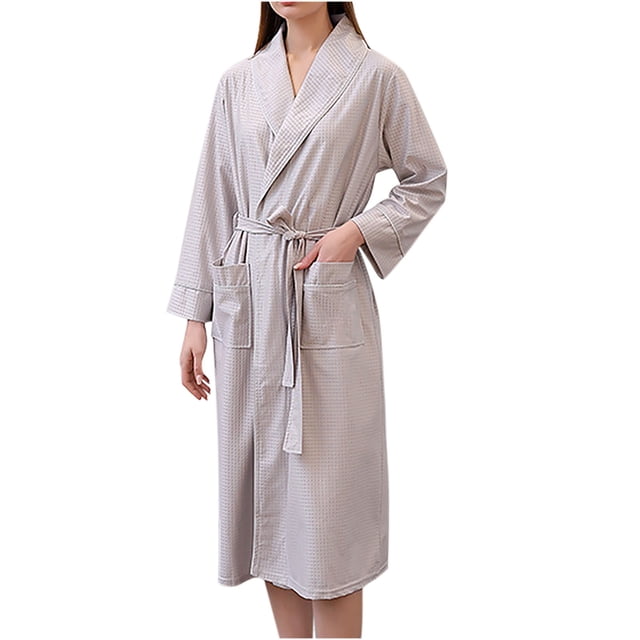 Timegard Womens Sleepwear Plus Size Long Sleeve Robe Comfy Bathrobes with Pockets Belted Mid Long Nightgown