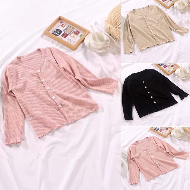 Zwiiyzr Girls Cardigan Sweaters Long Sleeve Knit Button Front Spring Fall Knitted Cardigan Sweater 3M-10Y Pink
