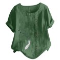 thumbnail image 1 of Birdeem Haut Décontracté à Manches Courtes pour Femmes Grande Taille Col Rond Imprimé Plumes Ample en Coton Lin, 1 of 1
