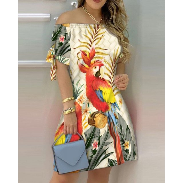 Women Casual Mini Dress Summer Striped Off Shoulder Short Sleeve A-line Short Dress