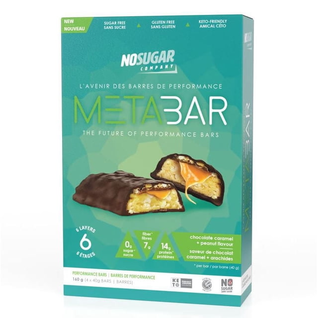 No Sugar MetaBar Chocolate Caramel Peanut performance bars box showing two bars with six layers, chocolate coating, caramel and peanut filling, 0g sugar, 7g fiber, 14g protein, keto-friendly and gluten-free, 4 individually wrapped 40g bars suitable for keto and low carb meal plans