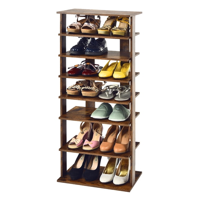 Gymax Étagère à Chaussures Double Brevetée à 7 Niveaux, Tour de Rangement Autoportante, Brun Rustique