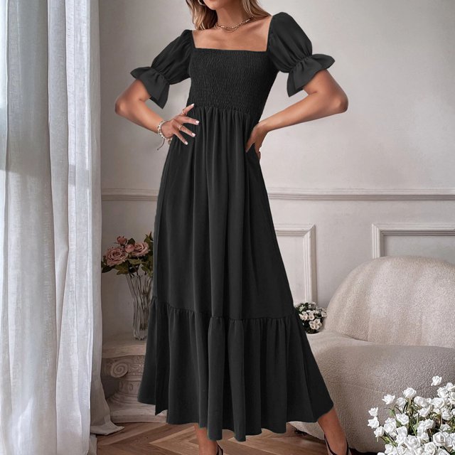 SMihono Robe Bohème d'Été pour Femmes Grande Taille Mode Décontractée d'Été Col Carré Uni Manches Courtes Femmes Robe pour Femmes Longues Robes