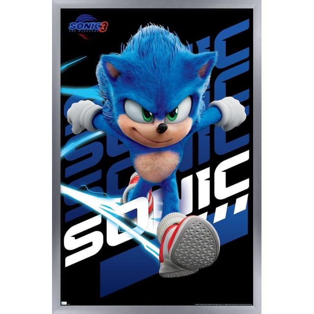 Sonic The Hedgehog 3 - Sonic Wall Poster, 22.375" x 34" showing a centered, front-facing view of Sonic running with detailed blue fur, white gloves, and red and white shoes, set against a black background with large blue and white Sonic 3 text and electric blue streaks, suitable for bedroom or office wall decor.
