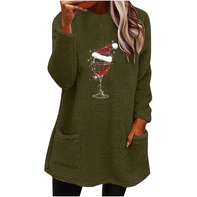 Pisexur Chandails en Molleton de Noël pour Femmes en Polaire Douce à Manches Longues Col Rond Imprimé Verre de Vin Rouge Chandail-Over Chaud d'Hiver avec Poches