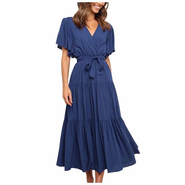 Birdeem Robe Décontractée Mode Femme Couleur Unie Col en V à Lacets Manches Évasées