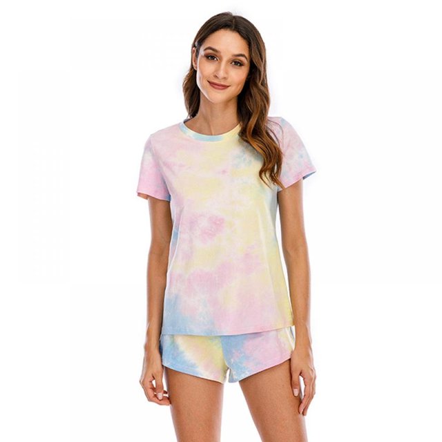 Womens 2Pcs Tie-dye Printed Pajamas Set Casual Short Sleeve Tops + Shorts Home Suits