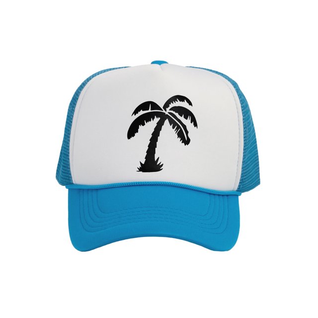 Men's Palm Tree Cap Snapback Trucker Hat, White/Aqua