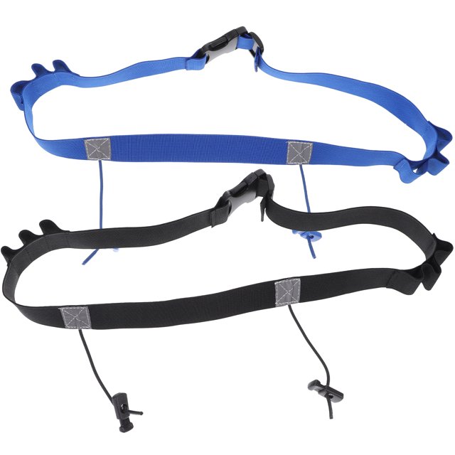 2PCS Triathlon Race Number Belt Reflective Design Race Belt in black and blue. Made of dacron material, featuring adjustable elastic straps with built-in toggles for attaching race number bibs. Lightweight and flexible, measuring 40x2.5x0.5cm, suitable for most users.