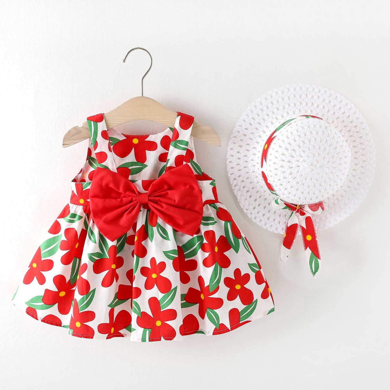 Robes pour Nouveau-Né Robe Tutu Sans Manches pour Bébé Robe d'Été pour Filles avec Chapeaux 2 Pcs Robe de Demoiselle d'Honneur de Plage 2-3 Ans