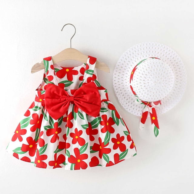 Robe Bébé Robe Tutu pour Bébé Fille Sans Manches Robes d'Été pour Filles avec Chapeaux 2 Pcs Robe de Fée Tout-Petit 2-3 Ans