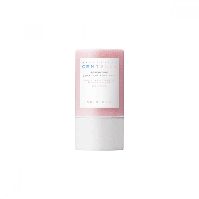 Skin 1004 Madagascar Centella Poremizing Quick Clay Stick Mask, 27g, in a compact pink and white stick design. Ideal for facial care, it features Centella Asiatica and clay to minimize pores, deeply cleanse, and soothe skin.