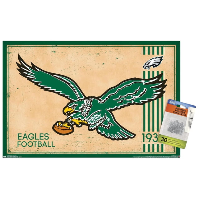 NFL Philadelphia Eagles - Affiche Murale Logo Rétro 14, 22,375 Po x 34 Po Encadrée, Représentant un Aigle Vert vintage aux Ailes Tendues Tenant un Ballon de football sur un Fond beige Vieilli avec des Rayures Vertes et le Texte « Eagles football », Parfait pour la Déco de la Maison, le Bureau Ou un art Mural de Dortoir.