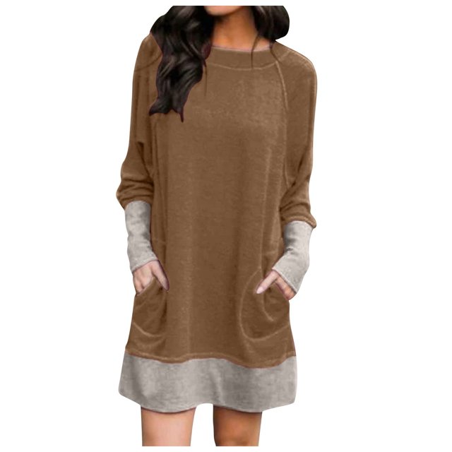 CEHVOM Robe Mini Décontractée pour Femmes Col Rond Ample Couleur Unie Patchwork Manches Longues Poches