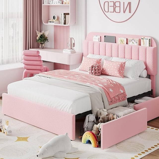 Bingirl Pink Queen Bed Frame with Storage Headboard and 2 Drawers, Boucle Upholstered Platform, Built-in Bookcase, No Box Spring Needed, Easy Assembly, Durable & Stylish for Girls