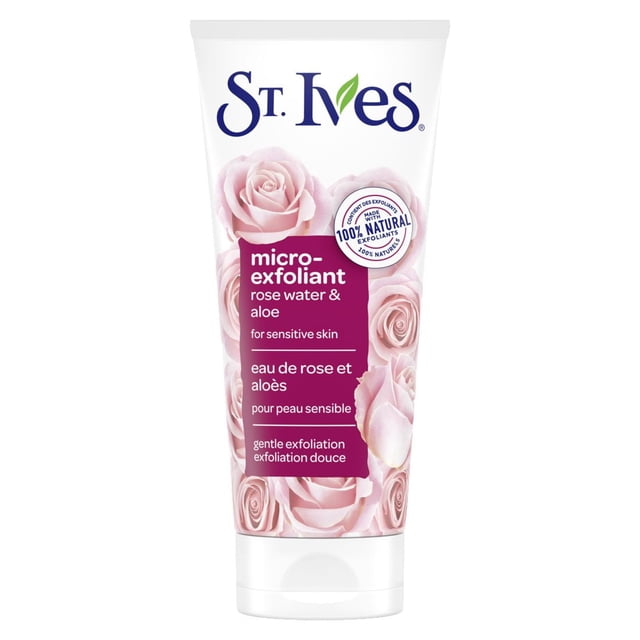 St. Ives tube de Gommage Lissant Doux à l'Eau de Rose et à l'Aloès avec Motif de Pétales de Rose, Étiqueté comme Exfoliant micro-exfoliant pour le Visage pour Peau Sensible, Contenant des exfoliants 100 % Naturels et une exfoliation Douce, avec Texte Bilingue Anglais-Français sur Fond Blanc.