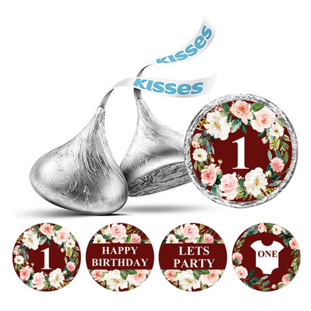 Darling Souvenir Party Favor Floral Border 1st Birthday Theme Stickers Labels 190 Pcs-Maroon