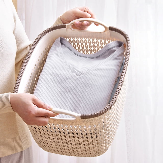 Meitianfacai Thickened Imitation Rattan Basket Plastic Toy Snack Storage Basket with Handle Storage Basket Dirty Clothes Basket Clothing Desktop Storage Box(Brown)