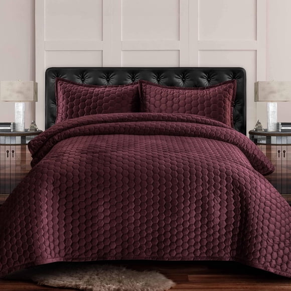 Tribeca Living Velvet Queen Quilt Set, Three-Piece Lugano Honeycomb Stitch Bedding, Super Soft 260Gsm Velvet, Oversized Quilt And Two Sham Pillowcases, Plum