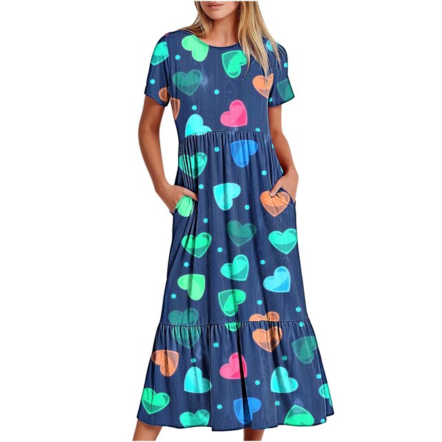 Robes d'Été Grande Taille pour Femmes 2024 Décontractées à Manches Courtes Col Rond Robe Décontractée Fluide à Étages Maxi Robe de Plage avec Poches Robe à Imprimé de la Saint-Valentin Économisez jusqu'à 65 % de Rabais!