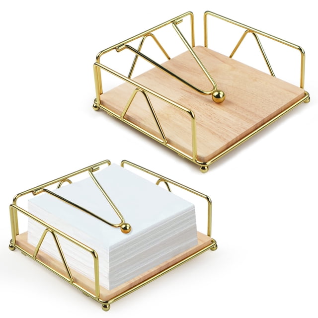 2 PCS Napkin Holder for Table, Gold Napkin Holder with Weighted Arm, Metal Napkin Dispenser with Wood Base, Paper Napkin Holder for Kitchen Restaurant