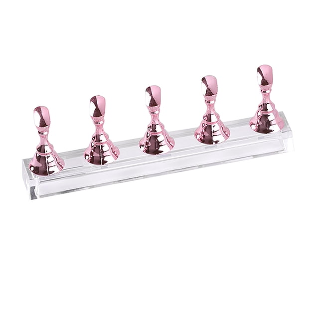 WIFKLSIIPG Acrylic Nail Display Stand Nail Tip Holder Nail Practice Stand Fingernail. This display stand features a clear acrylic base with five metallic pink holders designed for nail practice or display. The compact and portable design is easy to install and uninstall, making it suitable for use in nail salons, schools, or at home. Made of durable acrylic and alloy materials, it is stable and long-lasting, ideal for beginners, amateurs, and salon artists.