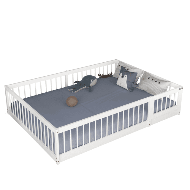 MIMI BEDS Dream Raft Floor Bed with Guardrails, Solid Pine Wood Frame, Double, White