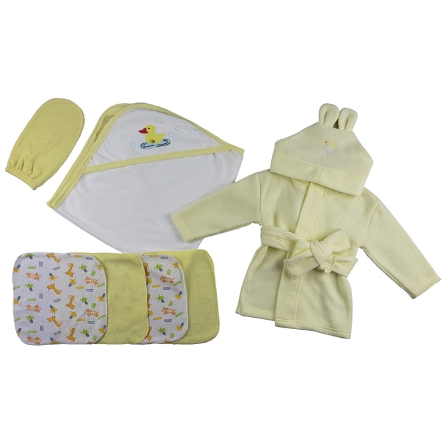 Yellow Infant Robe, Yellow Hooded Towel, Washcloths and Hand Washcloth Mitt - 7 Pc Set