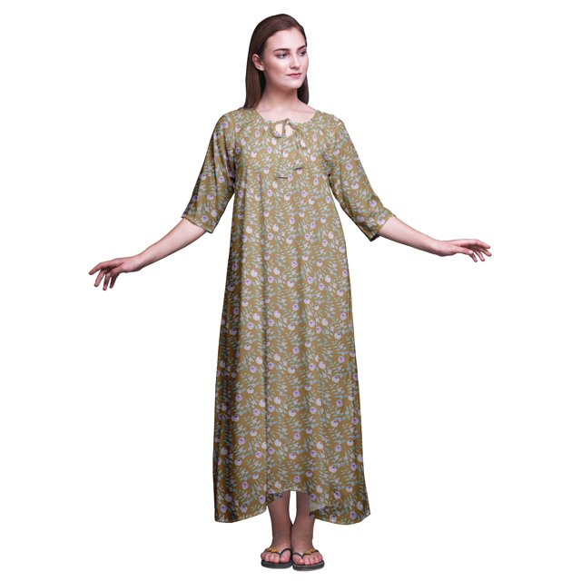 Bimba Robe de Nuit Maxi Brun Pâle à Motif Floral et Feuilles pour Femmes, Été, Imprimée, Très Grande