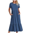 thumbnail image 2 of EGNMCR Robes de Fête pour Femmes Robe d'Été Décontractée à Manches Courtes et Col Rond pour Femmes Robe Décontractée Fluide à Étages Maxi de Plage avec Poches, 2 of 8