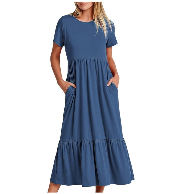 Penkiiy Robe d'Été Décontractée pour Femme à Manches Courtes, Col Ras du Cou, Coupe Évasée, Fluide, Maxi à Étages, Robe de Plage avec Poches, G Bleu Foncé
