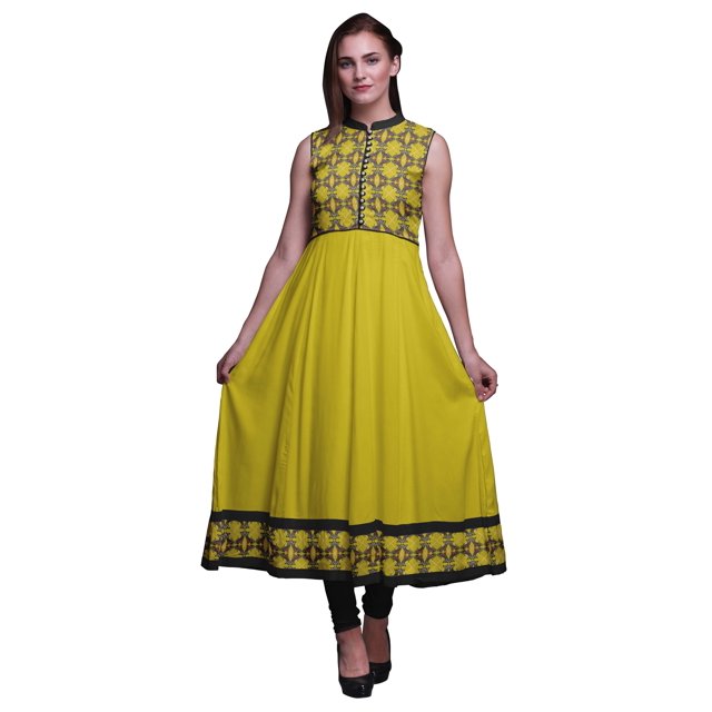 Bimba Robe Anarkali Tribale Jaune pour Femmes Kurti Imprimé Ethnique Indien Longue Kurta Robe de Soirée Petite