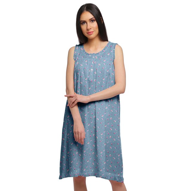 Moomaya Robe de Nuit Trapèze pour Femme à Col Rond Sans Manches en Coton Imprimé