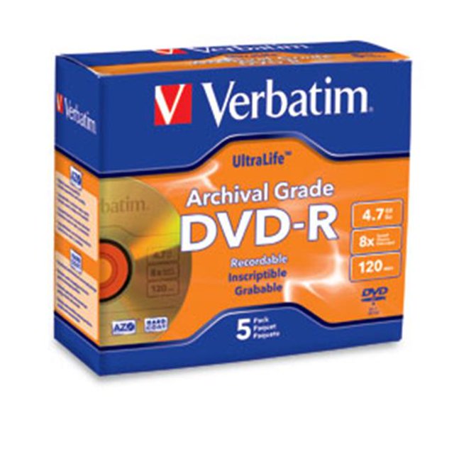 VERBATIM Disk DVD-R 4.7GB 8X Ultralife ArchivalGrade Gold Shiny 5pk Jewel