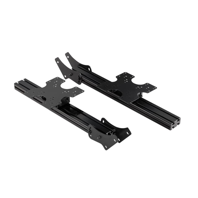 NEXT LEVEL RACING® ELITE FREESTANDING TRIPLE MONITOR STAND ADD-ON- BLACK EDITION with two black anodised aluminium extrusion arms featuring VESA mounts and adjustable tilt brackets, designed to support three 21”-43” monitors for immersive racing simulator or multi-monitor workstation setups.