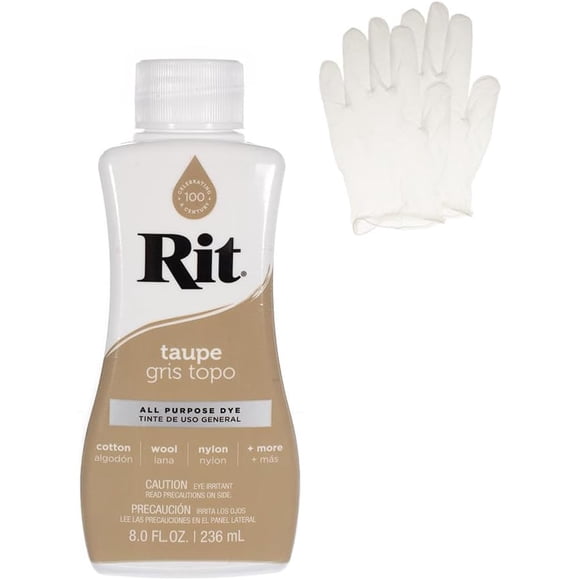 Rit Taupe 8 oz Teinture Liquide pour Tissus pour Vêtements, Déco et Bricolage avec Paire de Gants en Vinyle Sans Latex de Taille Moyenne