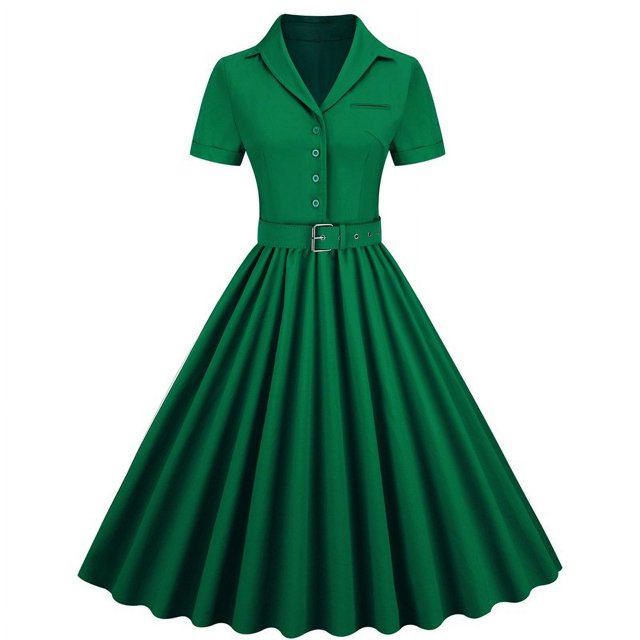 AherBiu Robe Vintage pour Femmes des Années 1950 à Boutons, Col à Revers, Col en V, Manches Courtes, Chemise Plissée, Robe Midi de Soirée