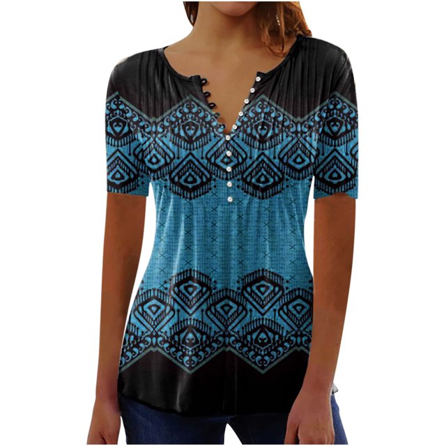 CEHVOM Femmes Mode Décontractée Imprimé Col Rond Ample Manches Courtes T-shirt Haut Blouse Chandail Liquidation
