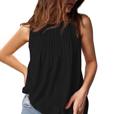 Meichang Hauts d'Été pour Femmes Débardeur à Col Montant Sans Manches Chemises Unies Coupe Ample Décontracté Plissé Chandail Blouses Tuniques Tendance Vêtements Fluides, Noir m