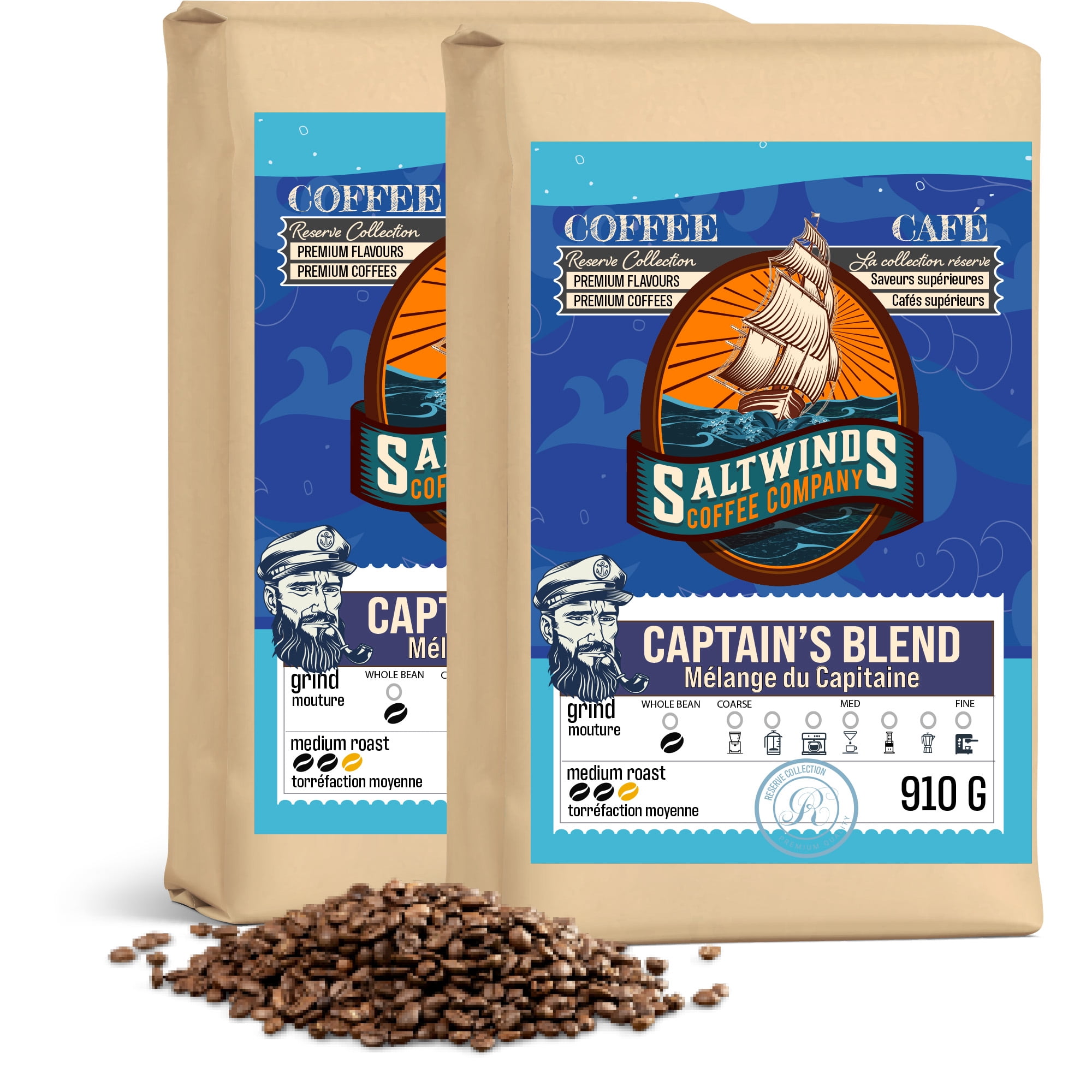Captain’s Blend Medium Roast Coffee (2 × 910 g Whole Bean) | Ocean Air Infused | Smooth & Balanced Maritime-Roasted Canadian Coffee