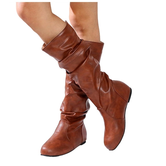 Womens Slouch Knee High Boots with No Heels Winter Fall Casual Ruched Leather Flats Wide Calf Tall Boots Brown Size 9