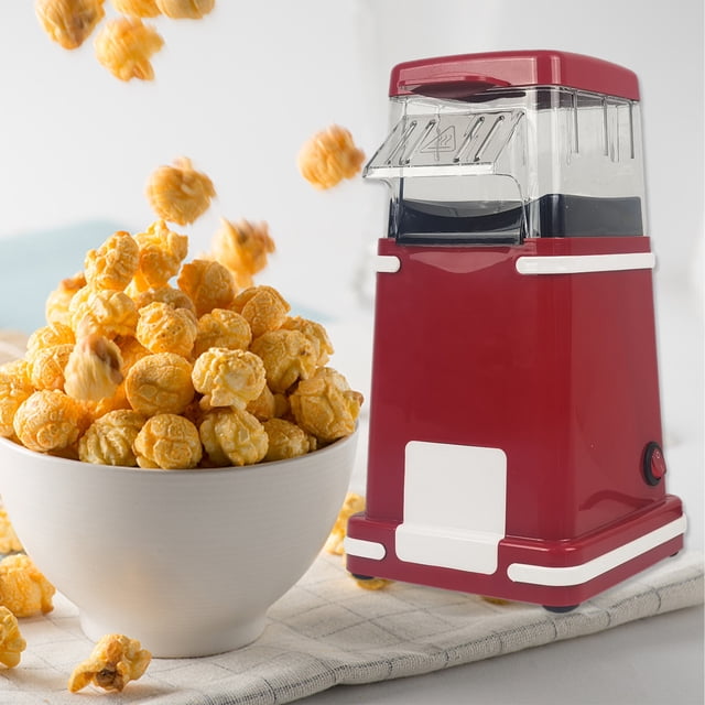 Popcorn Machine, High Rate Popcorn Maker 2 Minutes Fast Making Popcorn Popper, No Oil Mini Popcorn Machine in red plastic with a compact design measuring 14x14x27cm. The countertop popcorn machine is shown next to a bowl of freshly popped popcorn, emphasizing its quick and oil-free operation. Suitable for home use and gatherings.