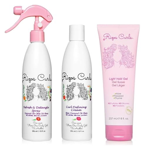 Rizos Curls Styling Starter Kit, Refresh and Detangle Spray & Curl Defining Cream & Light Hold Gel Bundle, Enhance & Define Curls, Add Volume & Hold, Frizz Control & Sh