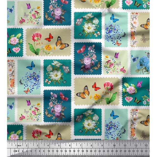 Soimoi Blue Polyester Crepe Fabric Floral & Insect Patchwork Print Fabric by The Yard 52 Inch Wide